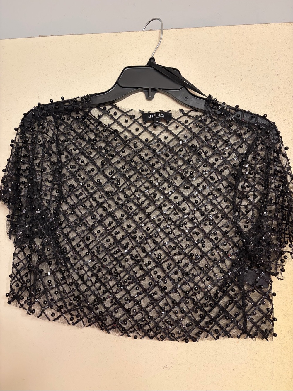 Black Sequin Rhinestone See Through Short Sleeve Crop Top Small